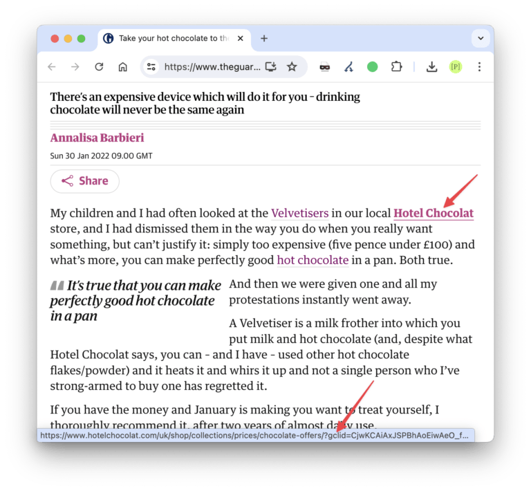 The Guardian linking to Hotel Chocolat with a gclid parameter