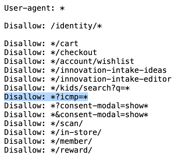 Lego.com's robots.txt file blocks the ?icmp parameter from being crawled